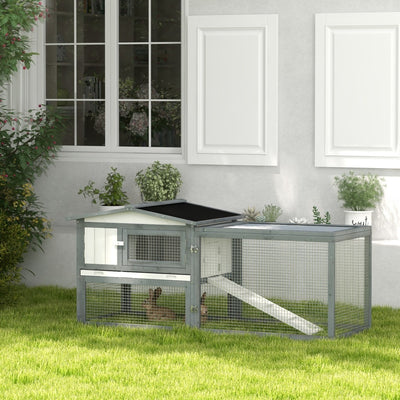 PawHut Large Rabbit Hutch Outdoor, 2-Tier 61" L Rabbit Cage with Run Feeding Trough Wooden Guinea Pig Hutch with Removable Tray, Ramp, Asphalt Roof, for 1-2 Rabbits, White