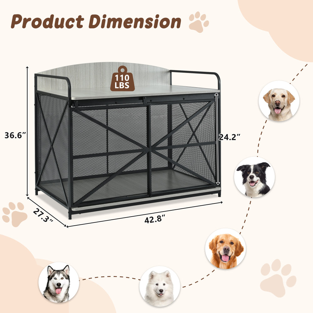 GO 42.8" Heavy Duty Large Dog Crate Furniture for Large Medium Dog, Farmhouse Wooden Dog Kennel Indoor End Table, Decorative Pet House for Large Dogs, Gray