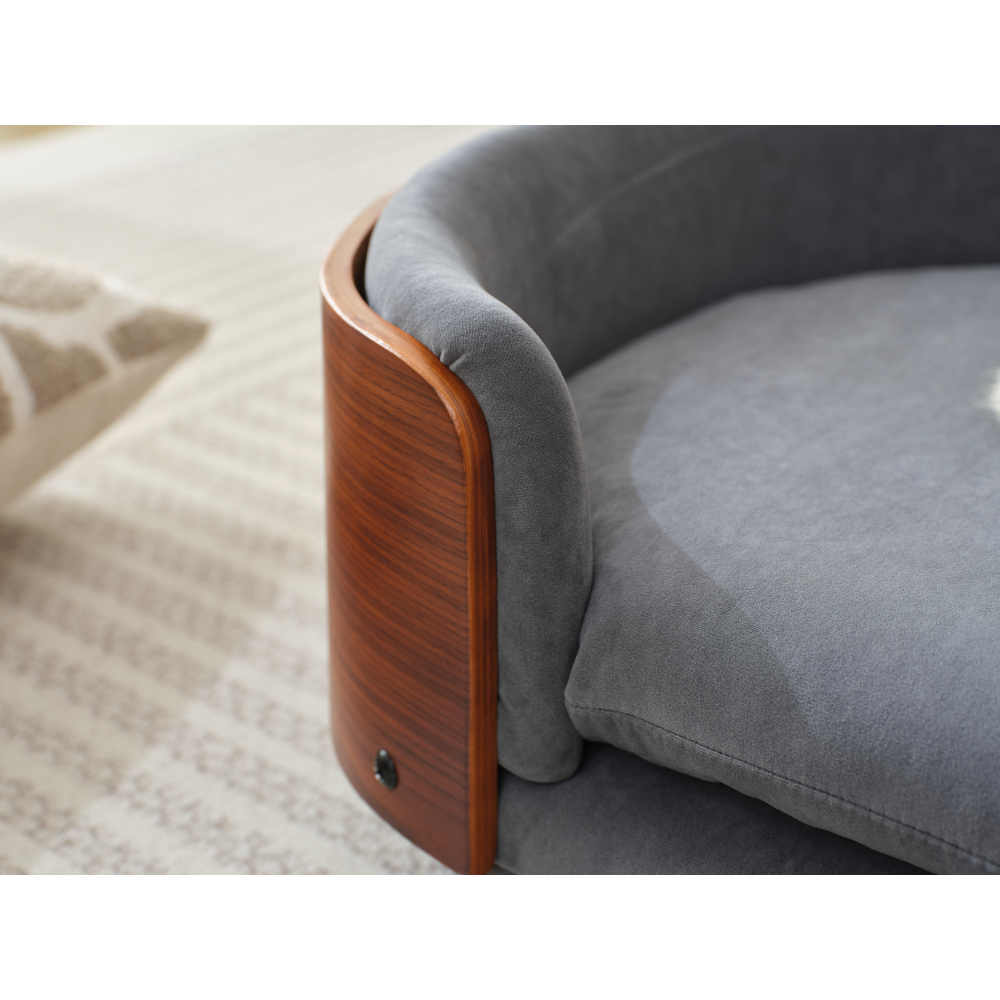 Scandinavian style Elevated Dog Bed Pet Sofa With Solid Wood legs and Walnut Bent Wood Back, Dark Grey Velvet,Mid Size
