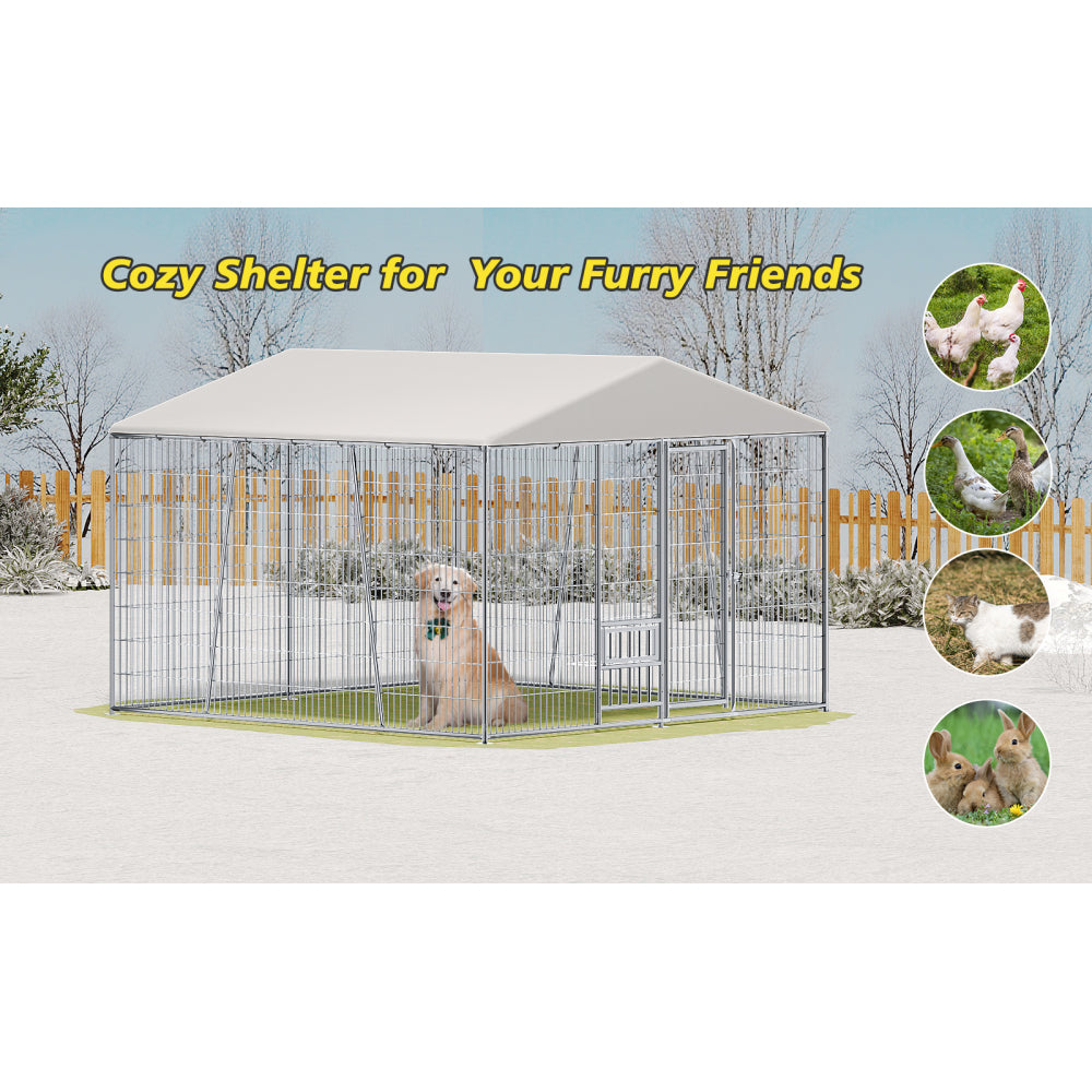 10 x 10-FT heavy-duty outdoor dog kennel with feeding bowl, full coverage waterproof roof, easy-to-assemble wire mesh fence with secure lock.
