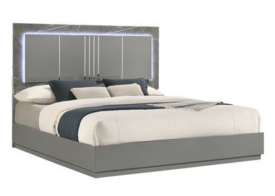 Elara King Bed ¨C Two-Tone High-Gloss Marble & Lacquer Finish with LED Lighting, Metal-Finished Legs- Gray