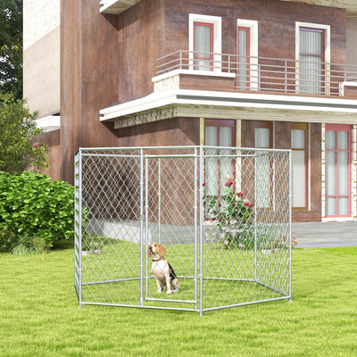 PawHut 9.2' x 8' x 5.6' Dog Kennel, Outdoor Dog Run with Lockable Door for Medium and Large-Sized Dogs, Silver