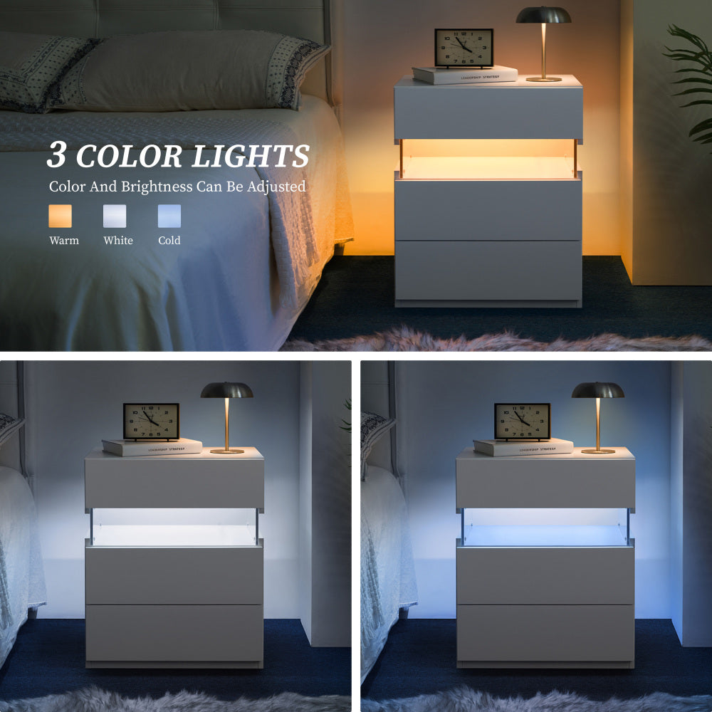 SunJet LED Nightstands 3 Drawer Dresser for Bedroom End Table with Acrylic Board LED Bedside Tables for Bedroom Living Room Bedside Furniture (White)