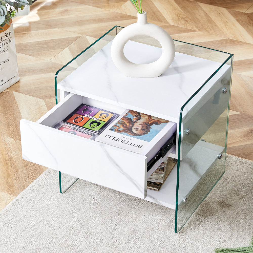 SunJet Bedside table with drawers. The board surface is MDF sticker, and both sides are transparent tempered glass. The design is simple and elegant, with excellent storage functions.
