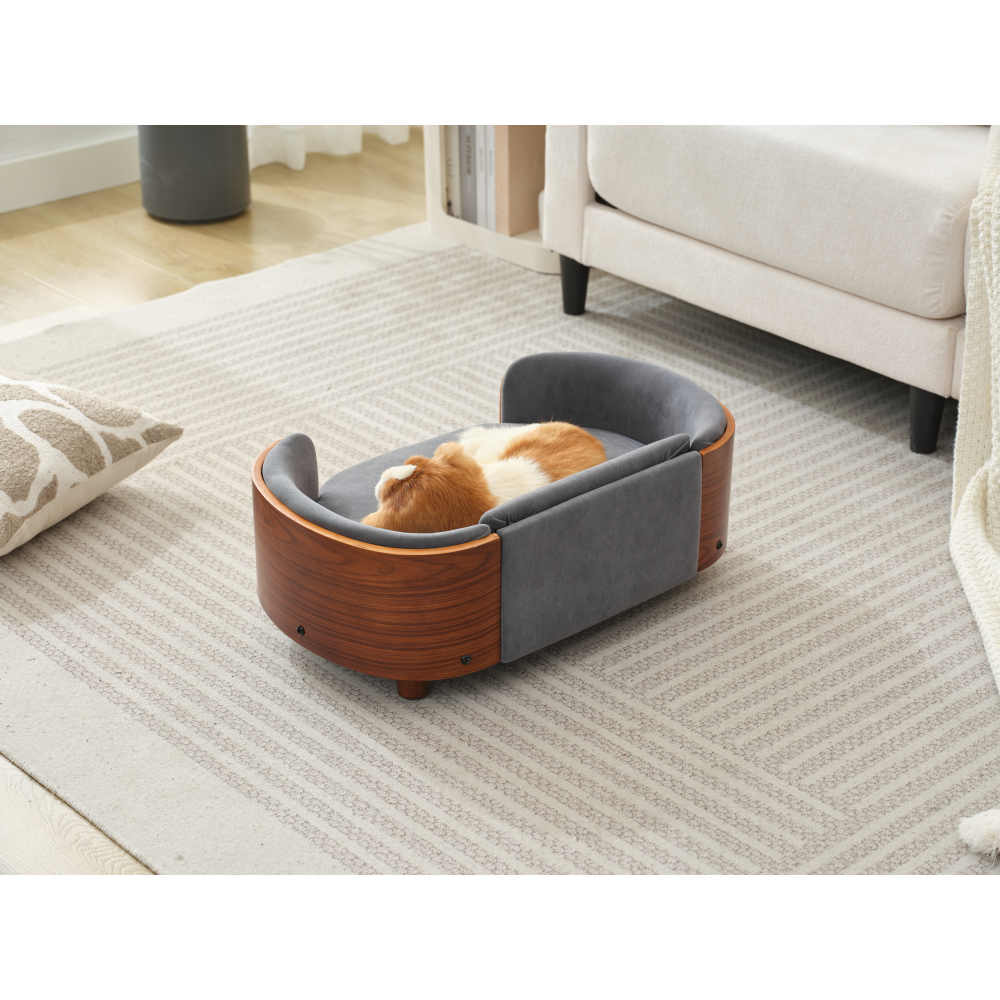 Scandinavian style Elevated Dog Bed Pet Sofa With Solid Wood legs and Walnut Bent Wood Back,Dark Grey Velvet,Small Size