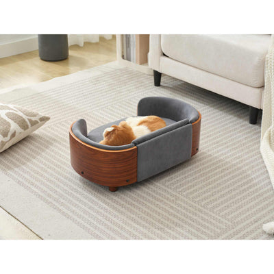 Scandinavian style Elevated Dog Bed Pet Sofa With Solid Wood legs and Walnut Bent Wood Back,Dark Grey Velvet,Small Size