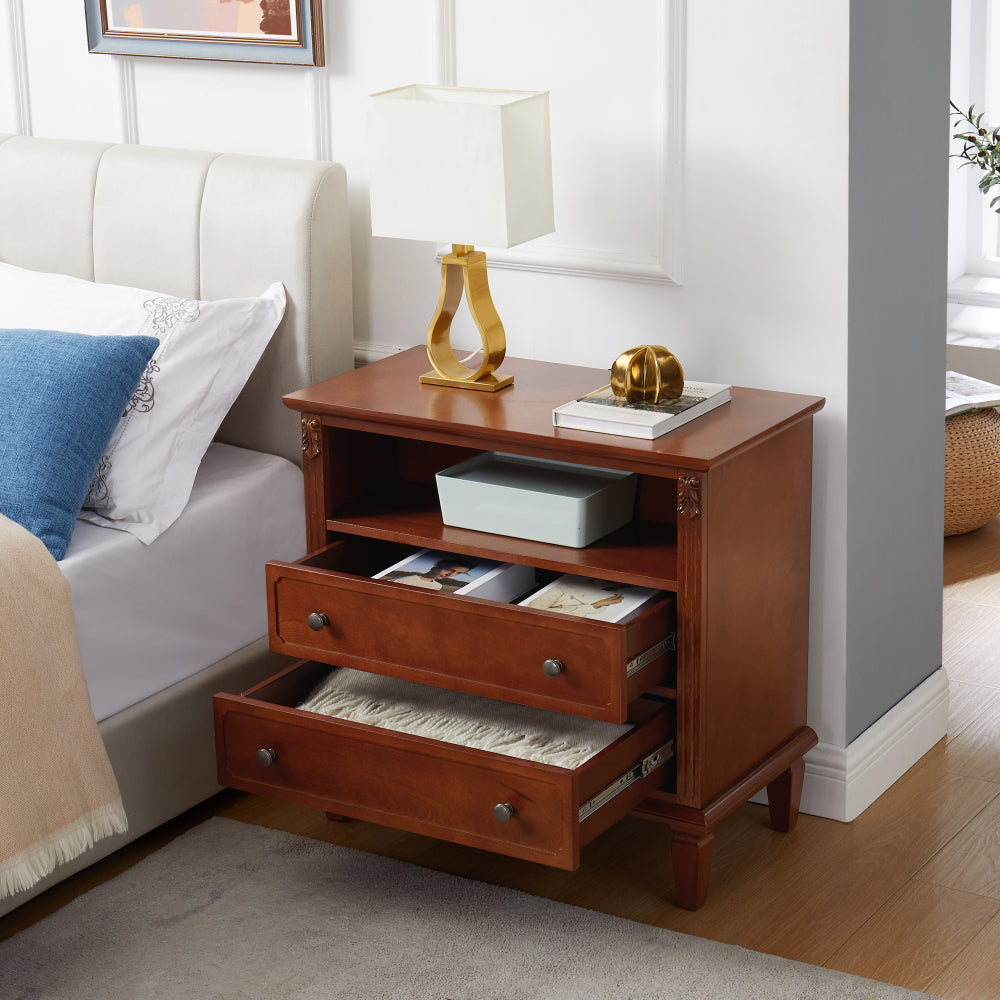 SunJet Open Space and 2 Drawers Dresser Nightstand with Charging Station, Farmhouse End Table with USB Ports and Outlets, Fluted Pilasters Design Side Table with Solid Wood Legs for Bedroom