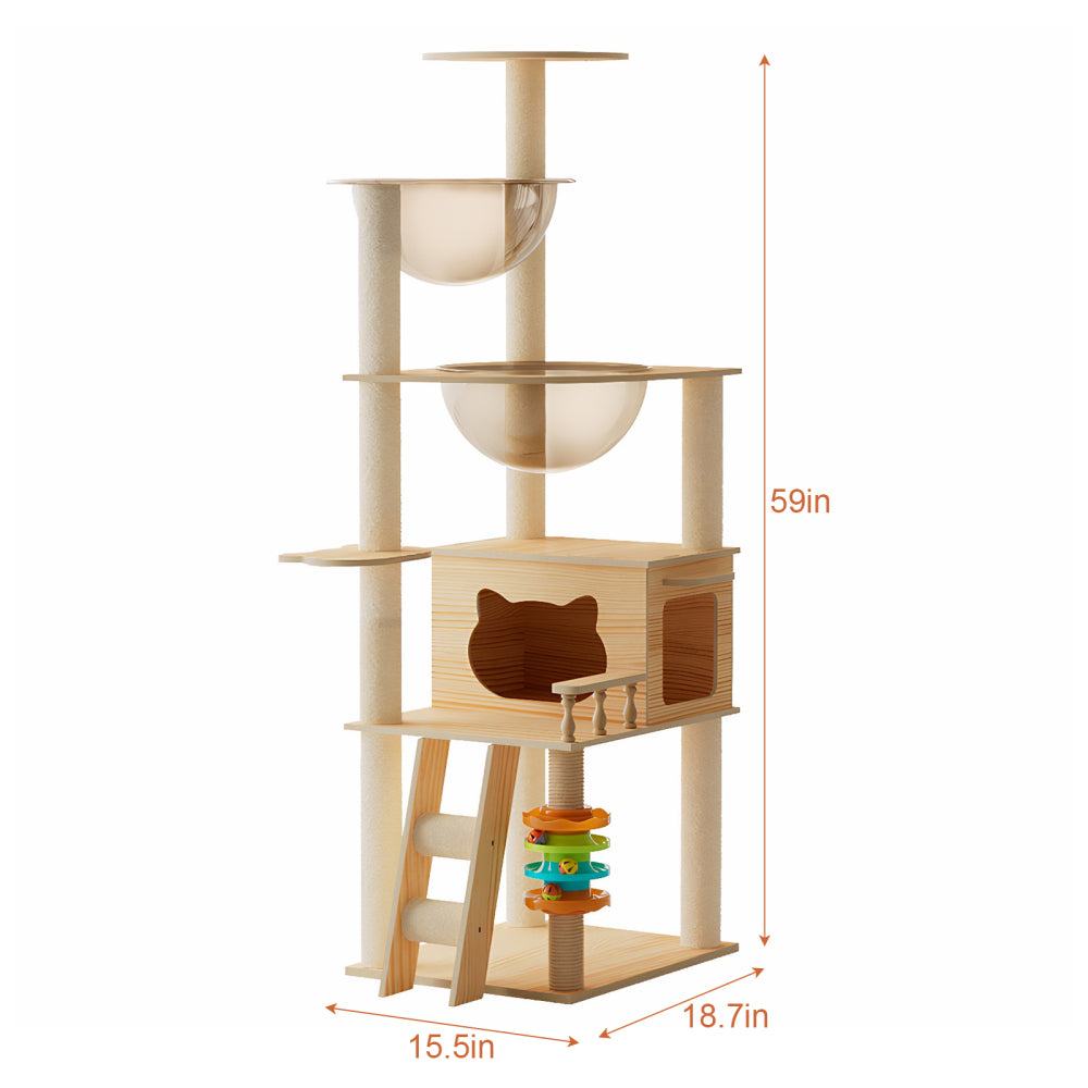 59" Modern Cat Tower, Wood Cat Tree Tower for Indoor Cats, Cat Treewith Sisal-Covered Scratching Posts and Top Perch, Cat Condo with Acrylic Hammock for Small Large Cats