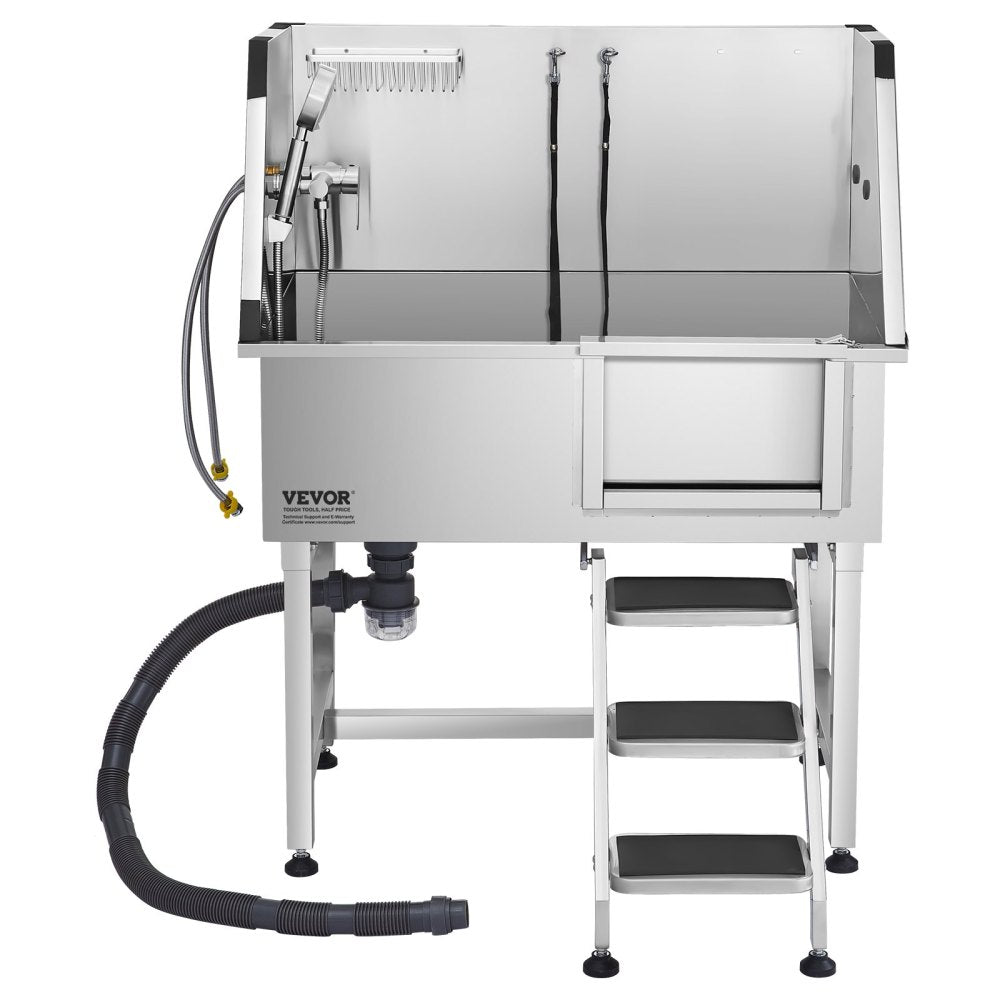 38" Dog Grooming Bath Tub Stainless Steel w/ Stairs Faucet Showerhead