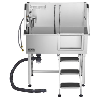 38" Dog Grooming Bath Tub Stainless Steel w/ Stairs Faucet Showerhead