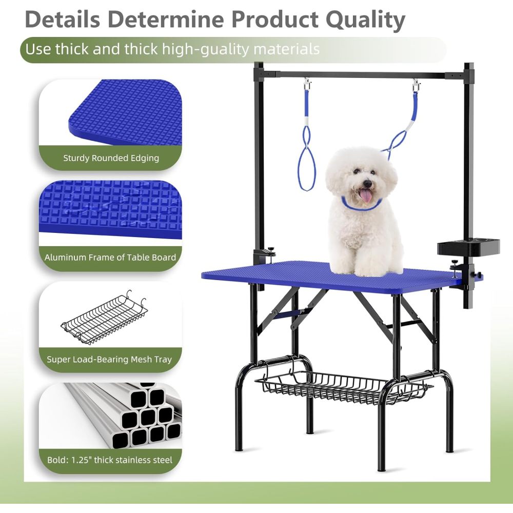36''Large Dog Grooming Table, Foldable Pet Station at Home, Dog Grooming Table,Adjustable Cat Drying Desktop with Arms, Nooses, Mesh Tray (36Inch Pet Grooming Table Blue)