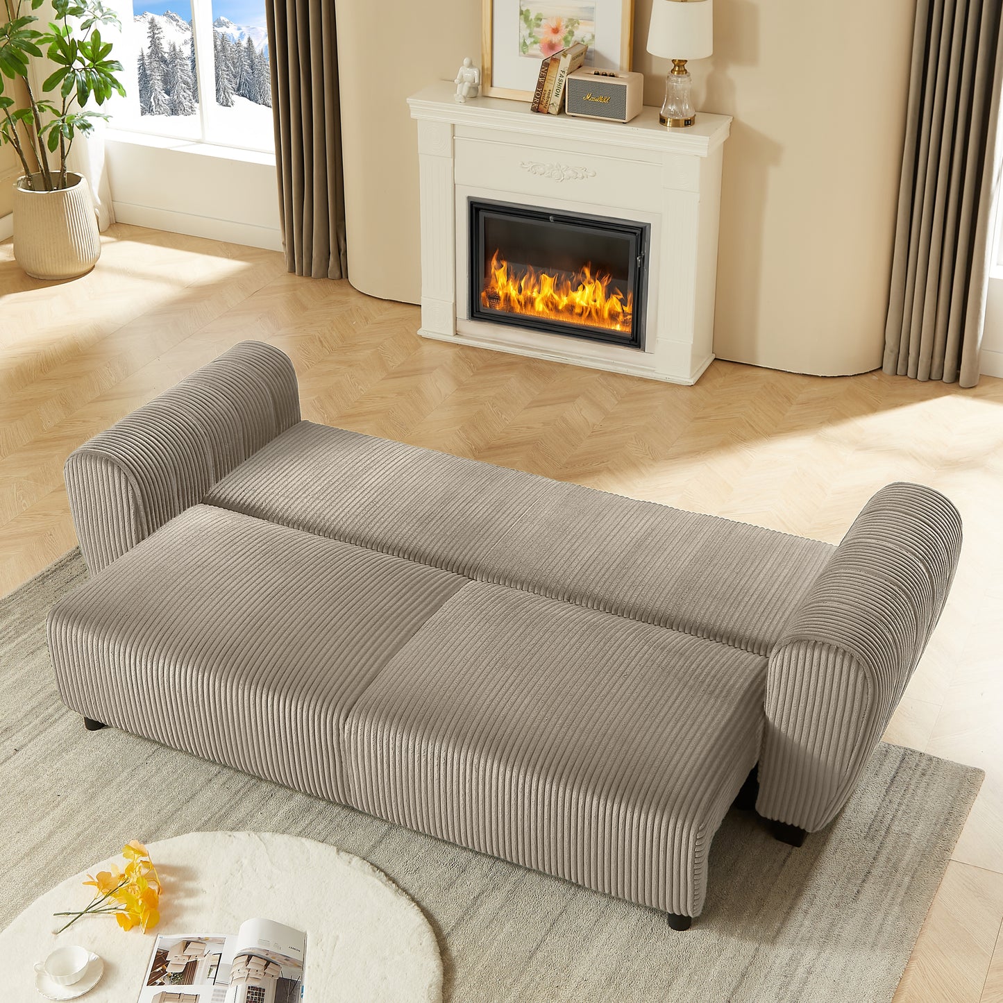 Corduroy Upholstered 3 Seat Sofa Couch,2-in-1 Convertible Sleeper Sofa with Cushions and Storage for Living Room,Apartment,Office,Light Brown