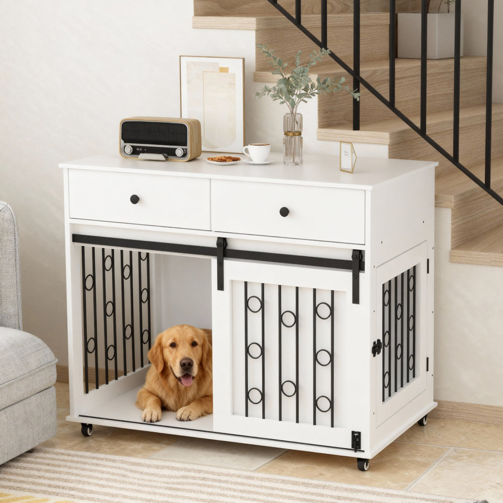 39.37'' Modern Wooden Dog Crate Furniture with Sliding Barn Door and Side Door, Indoor Dog Kennel End Table for Small to Medium Dogs, Decorative Pet Crate with Metal Bars and Lockable Wheels – White