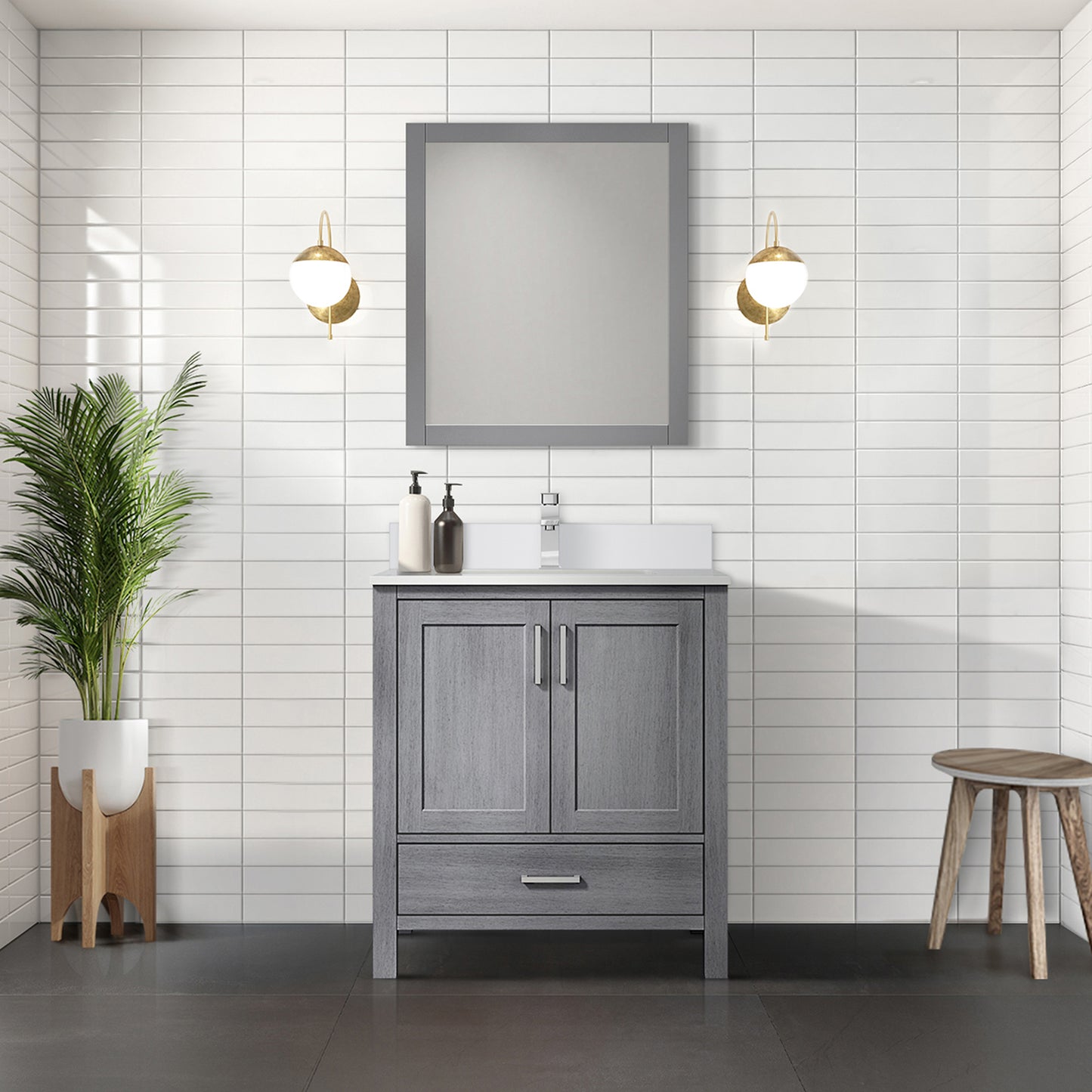 Distressed Grey Bath Vanity 30 in. W x 22 in. D, Cultured Marble Top, Faucet Set, and 28 in. Mirror