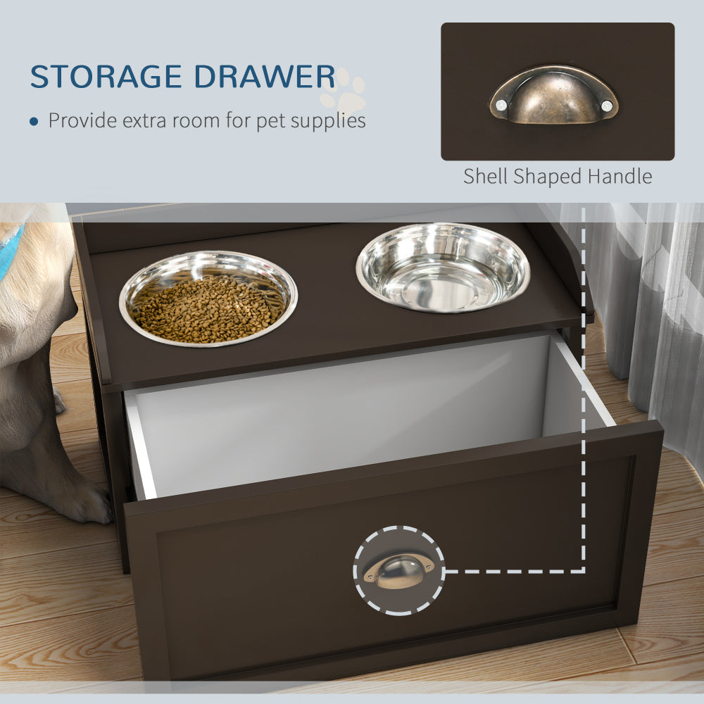 PawHut Dog Feeding Station with Storage Drawer, Dog Food Storage Cabinet with 2 Removable Elevated Dog Bowls for Large Sized Dogs, Coffee