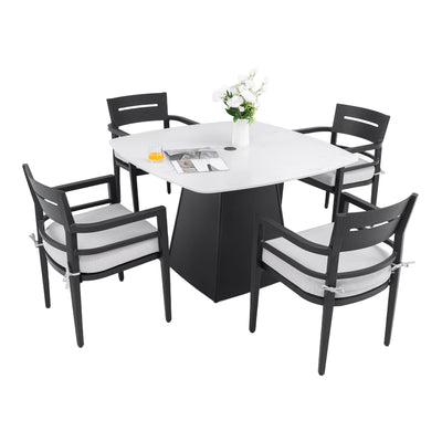 Modern 5PC Outdoor Patio Dining Set,Squircle 44'x44' Dining Table with Greek White Marble-Inspired Sintered StoneTop,Flared Pyramid Aluminum Base,Ember Black,4 dining chairs with Sunbrella Cushions