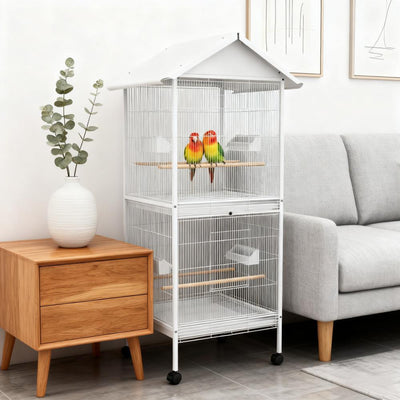 Convenient Bird Cage,Metal Bird Cage Feeder with Rolling Stand Perches Food Containers Doors Wheels