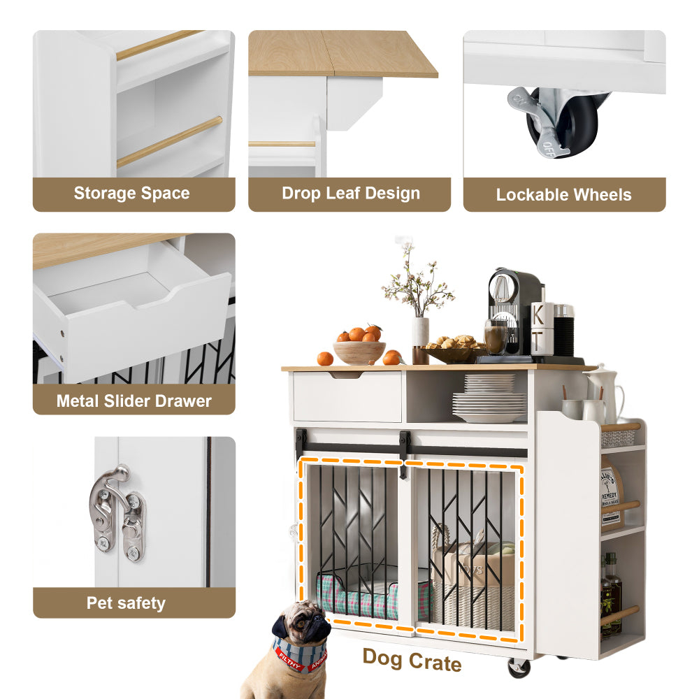 2 IN 1 Modern Dog Crate Kitchen Island With Storage for Small-sized Dogs up to 40lbs, 33.8" L, Cream White Dog Furniture End Table  with Wheels