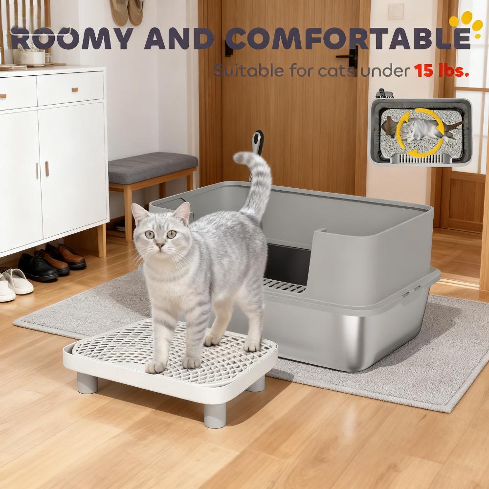 Stainless Steel Cat Litter Box with High Sides, Metal Cat Litter Box with Scoop