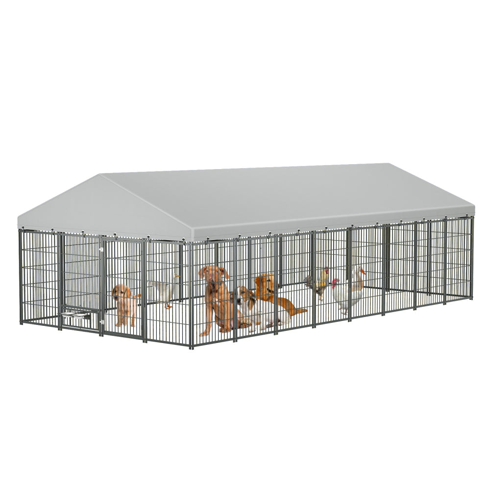 Large Dog Kennel Outdoor Pet Pens Dogs Run Enclosure Animal Hutch Metal Coop Fence with Roof Cover. 18.9'L x 9.61'W x 6.23'H.