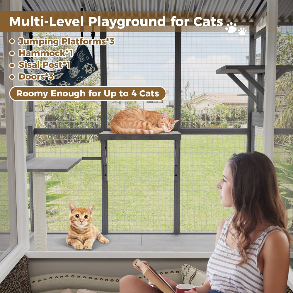 Large Cat Catio – Expandable Window Box Enclosure for Multiple Indoor Cats, Cat Perch House with 3 platforms,1 hammock and 3 doors, All-Weather Use