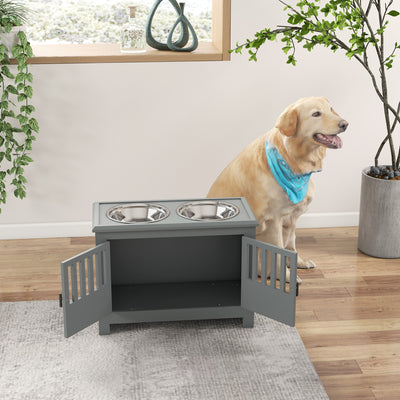 PawHut Large Elevated Dog Bowls with Storage Cabinet Containing Large 37L Capacity, Raised Dog Bowl Stand Pet Food Bowl Dog Feeding Station, Gray