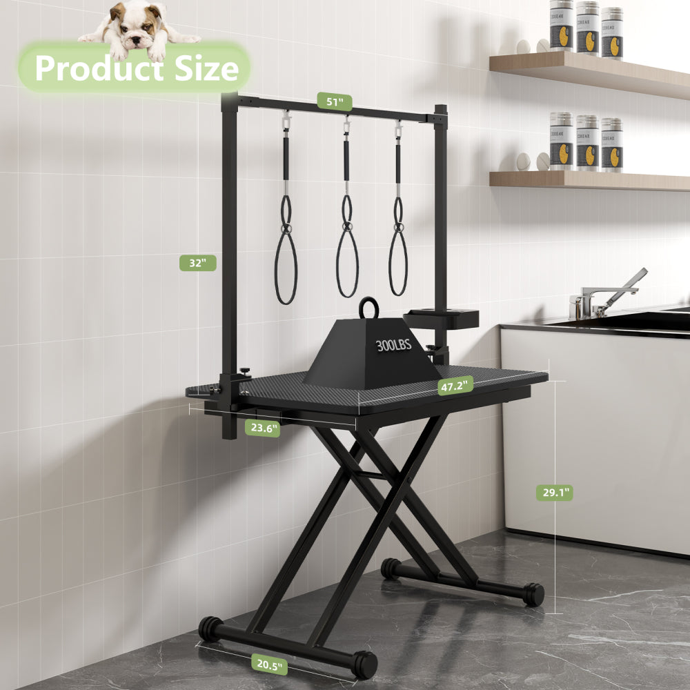 47'' Black Large Dog Grooming Table X-Lift Foldable Grooming Table for Dogs at Home Adjustable Height Arms Pet Station with Nooses, Tool Organizer