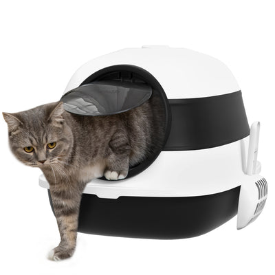 PawHut Cat Litter Box with Lid, Covered Litter Box w/ High Sides, Air Freshener, Large Two-Way Entrance Kitty Litter Box, Foldable, Easy Clean, White, and Black