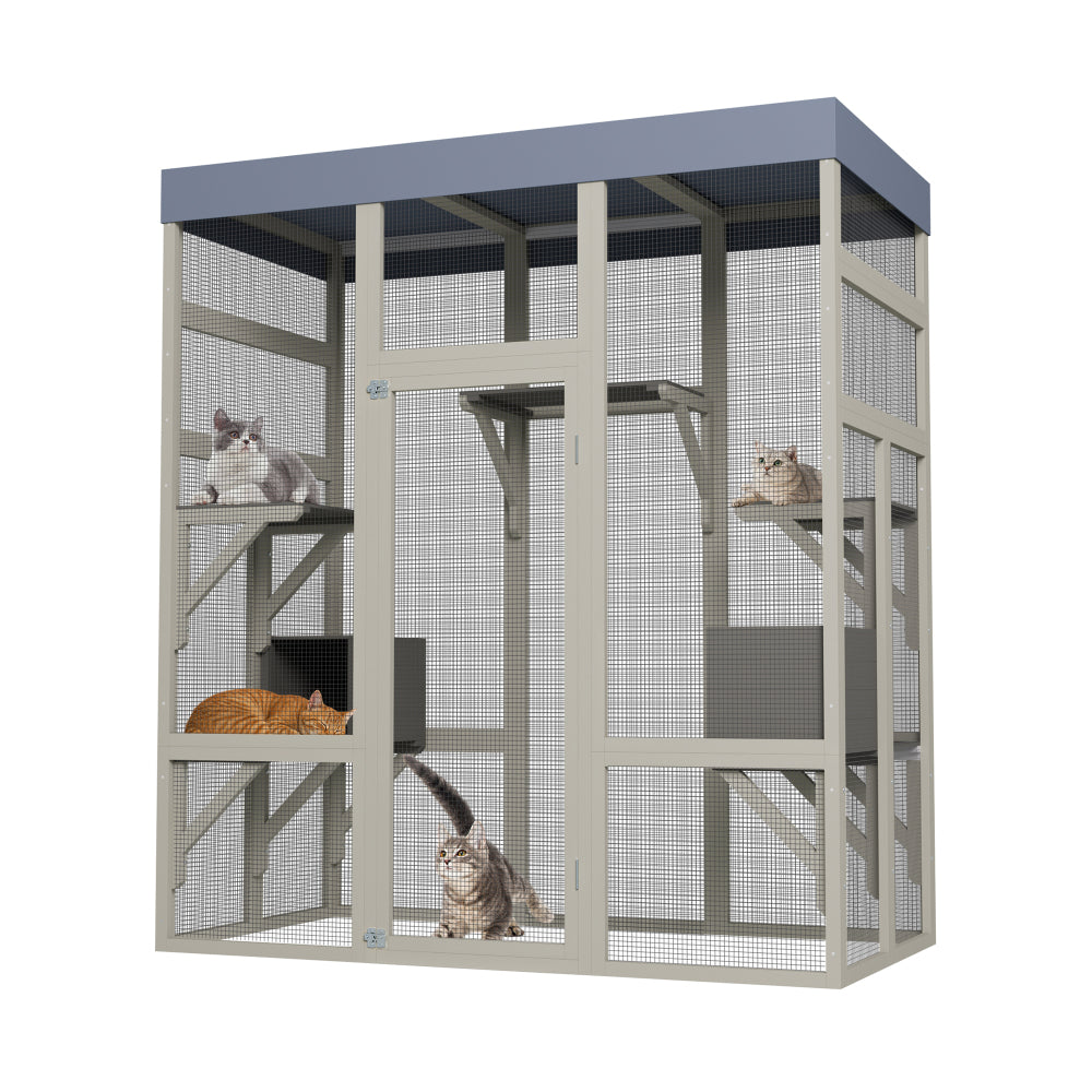 62.6" Outdoor Wooden Catio for Cats, Large Cat Enclosure with Waterproof Roof, 2 Cat Houses & Platforms, Secure Rust-Proof Wire Pet Cage for Patio or Backyard