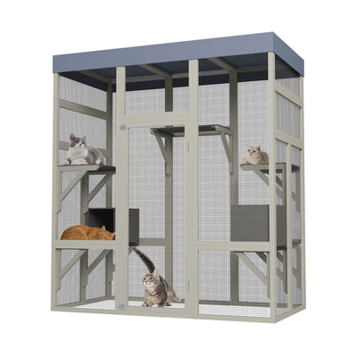 62.6" Gray Wooden Catio Outdoor Pet Enclosure with Waterproof Top, Spacious and Secure Cat House & Small Animal Cage, Black Rust-proof Metal Wire