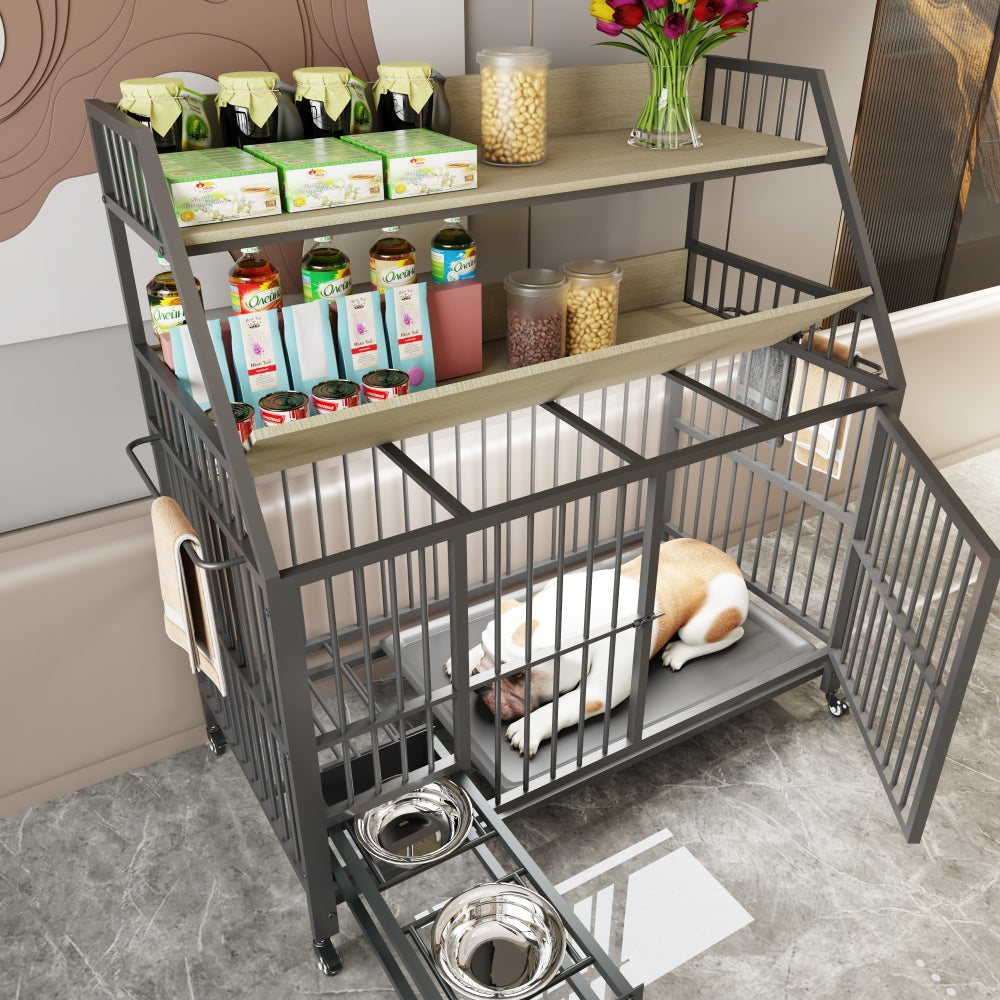 Large pet cage with storage rack, drawers with stainless steel food and water basins, double-layer storage rack made of iron frame and MDF material, sturdy, exquisite, and practical (black+beige)