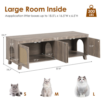 Double Hidden Cat Litter Box Enclosure Furniture Cabinet with Rattan Decorated Doors for Two Cats, Two Entrances