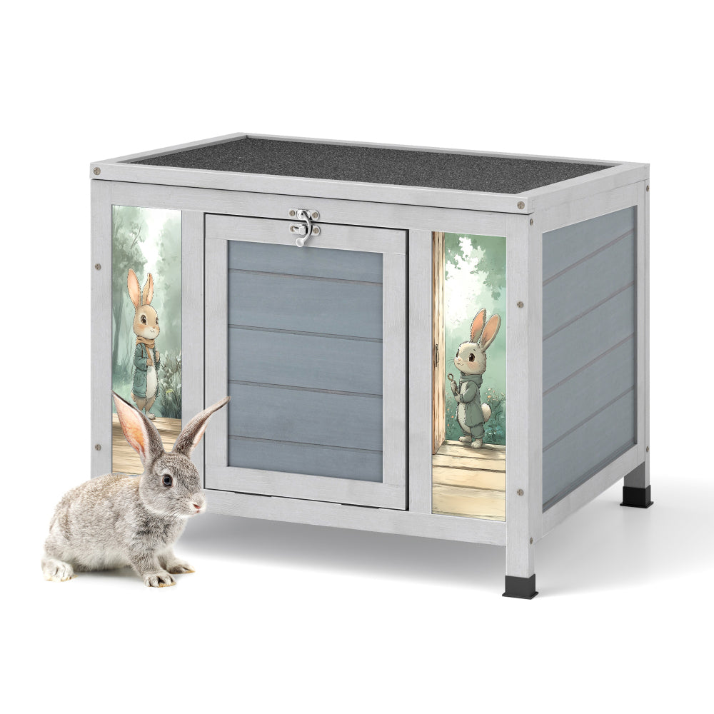 Small Outdoor Wooden Rabbit Hutch with Lockable Door & Weatherproof Roof, Openable Top, Bunny Cage Pet House for Rabbits, Guinea Pigs Cats Chicks , Gray with Colorful Patterns