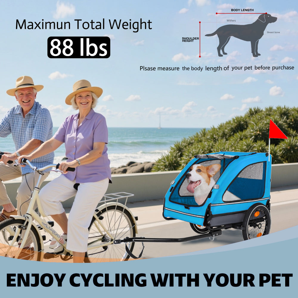 Pet Bike Trailer Dog Cart for Bicycle,Suitable for Small and Medium Pets, Easy Folding Cart Frame, Quick Release Wheel, Non-Slip Floor, Internal Leash, blue+Grey