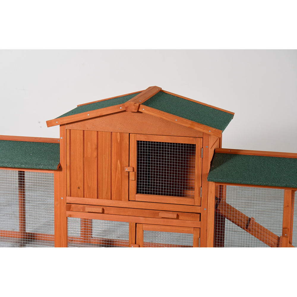 Large Wooden Rabbit Hutch, Outdoor Bunny Cage with Spacious Run, Waterproof Asphalt Roof, Pull-Out Tray and Ramp, Fir Wood Pet House for Rabbits, Chickens and Small Animals (Brown & Green)
