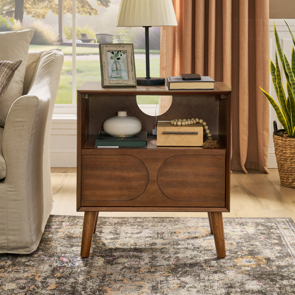SunJet Mid Century Modern Fluted Nightstand with Charging Station USB Ports & Outlet Hole & 4 Solid Wood Legs, Farmhouse End Table with Open Space and Drawer Dresser, Walnut
