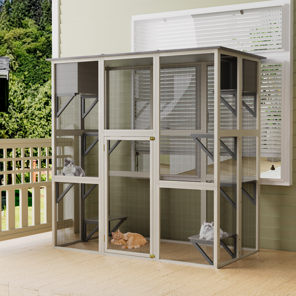 Gray Wooden Outdoor Catio Cat Enclosure with Weatherproof Asphalt Roof, Large Walk-in Cat House with 6 Platforms & 2 Napping Boxes, Solid Wood Cat Cage  Kennel Condo Playpen for Patio