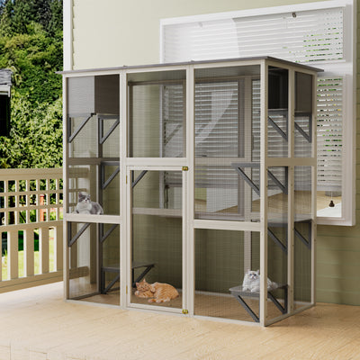 Gray Wooden Outdoor Catio Cat Enclosure with Weatherproof Asphalt Roof, Large Walk-in Cat House with 6 Platforms & 2 Napping Boxes, Solid Wood Cat Cage  Kennel Condo Playpen for Patio