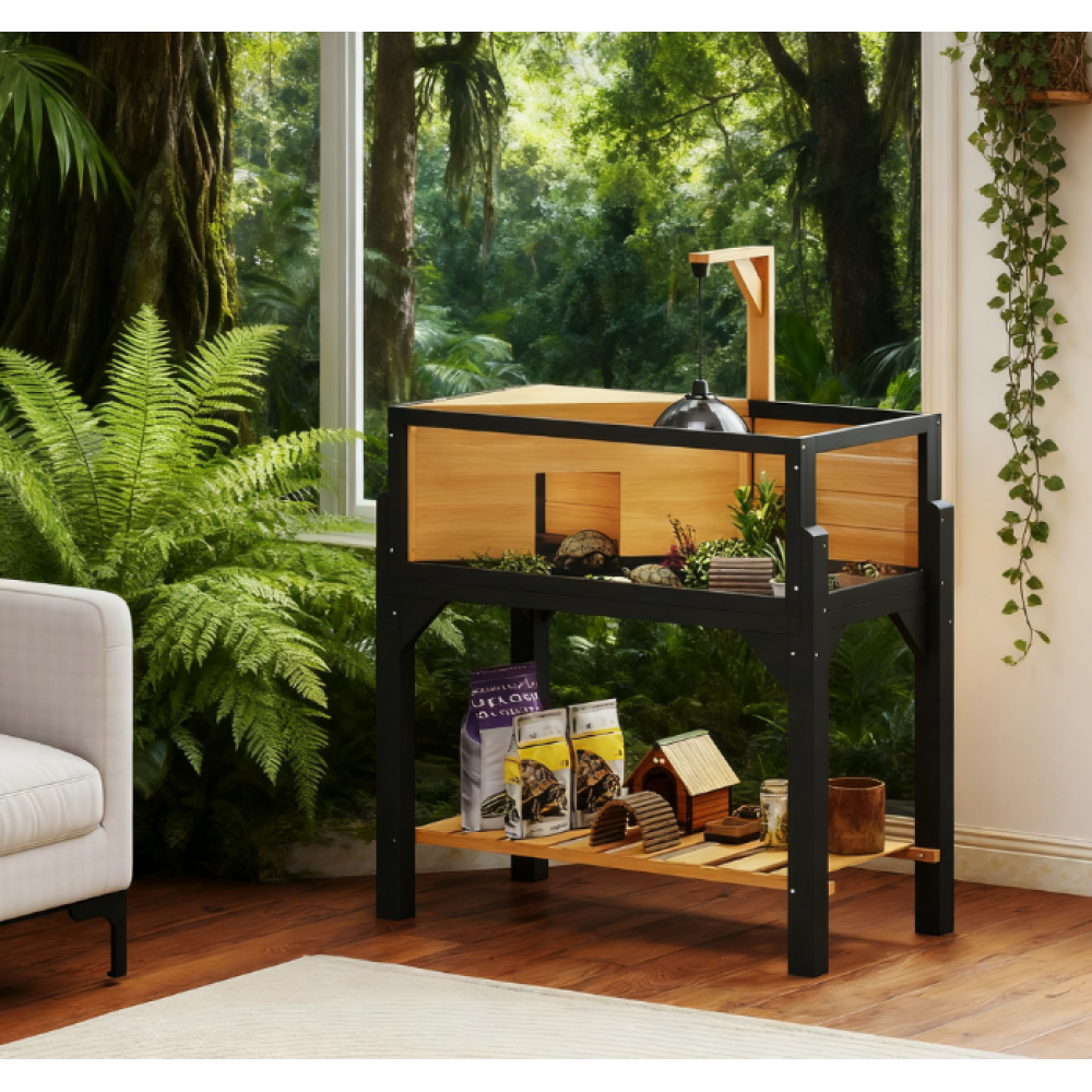 Wooden Tortoise Habitat with Storage Shelf, Tortoise Enclosure with Clear Windows, Openable Top, Lamp Holder, Yellow