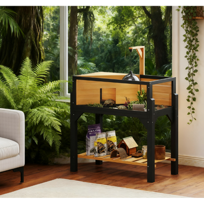 Wooden Tortoise Habitat with Storage Shelf, Tortoise Enclosure with Clear Windows, Openable Top, Lamp Holder, Yellow
