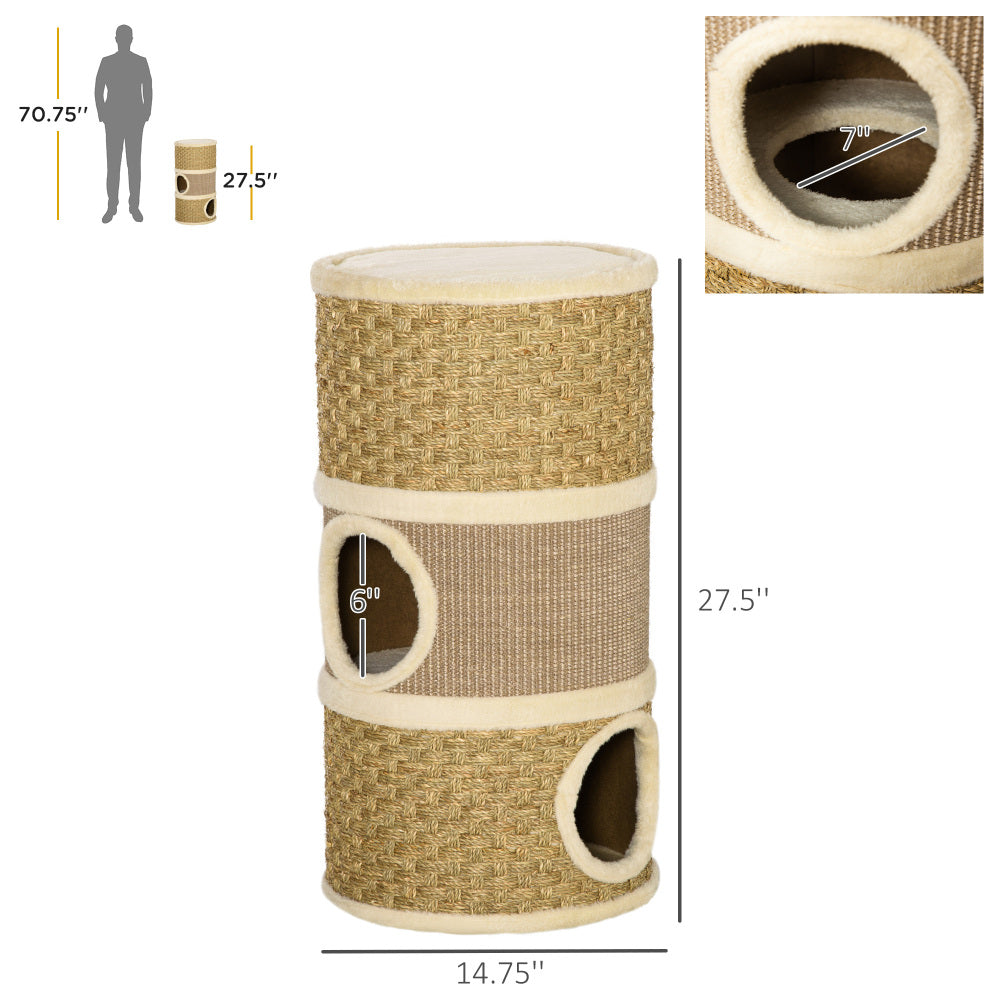 PawHut 28 Inch Cat Condo, 3 Story Cat Hideaway with Sisal Scratching Pad, Barrel Shaped Small Cat Tree for Indoor Cats, Khaki and Brown