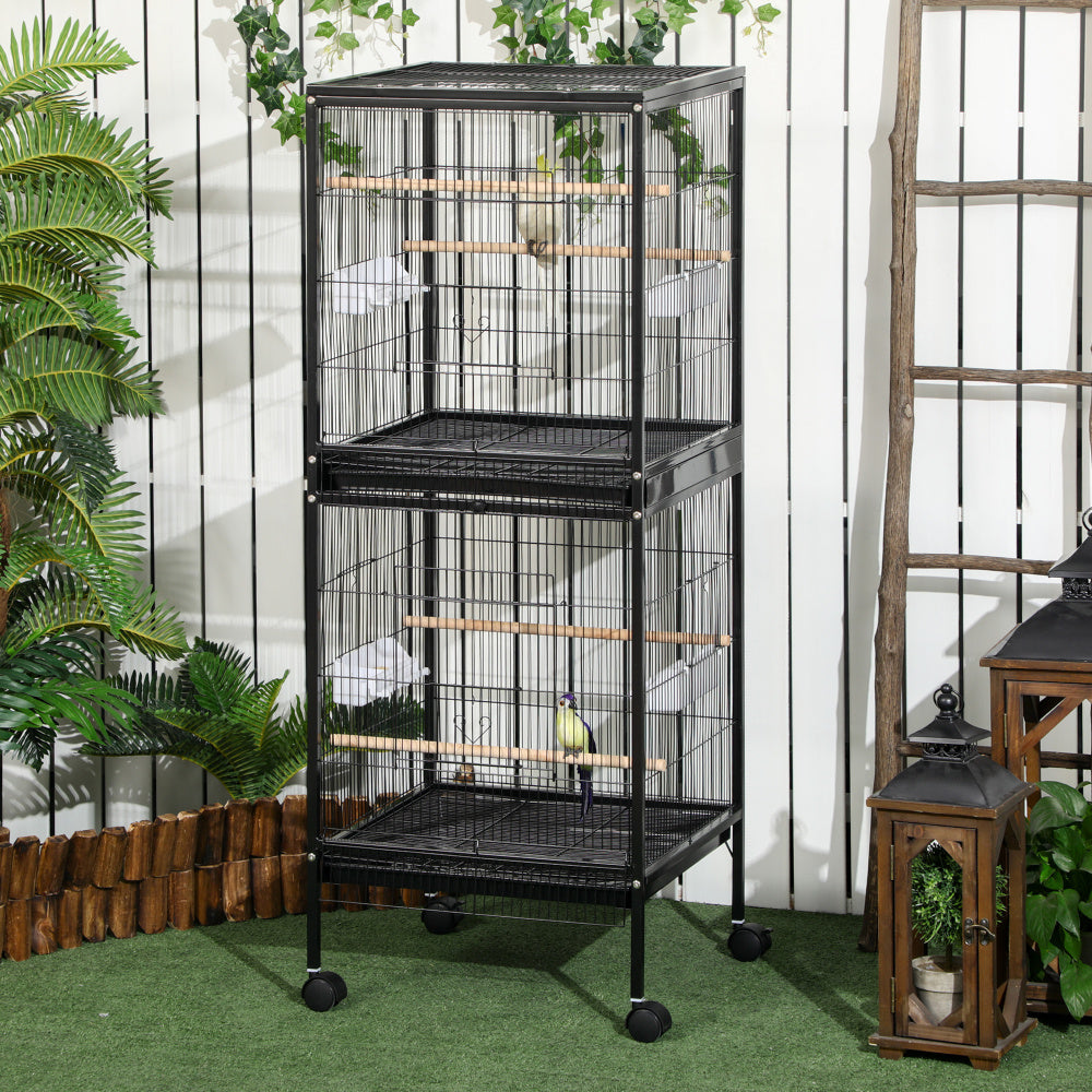 PawHut Large Bird Cage with 1.7 ft. Width for Wingspan, Bird Aviary Indoor with Multi-Door Design, Fit for a Canary, Finch, Conure, 55", Black