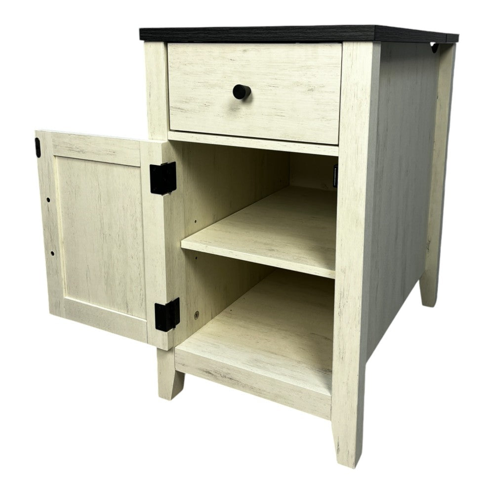SunJet Farmhouse End Table Bedside Table with Charging Station,Night Stand with Barn Door and Drawer, Storage for Bedroom Living Room ,Bedside Table,  White+Black color