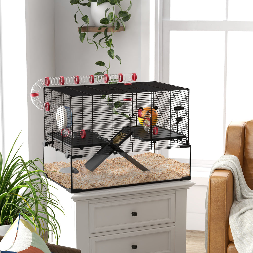 PawHut 31" Extra Large Hamster Cage with Tube Tunnel, Small Animal Cage for Dwarf Hamster, Rat, Gerbil Cage with Deep Glass Bottom, Water Bottle, Food Dish, Exercise Wheel, Ramps