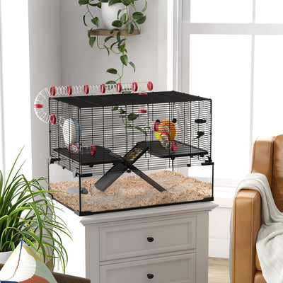 PawHut 31" Extra Large Hamster Cage with Tube Tunnel, Small Animal Cage for Dwarf Hamster, Rat, Gerbil Cage with Deep Glass Bottom, Water Bottle, Food Dish, Exercise Wheel, Ramps