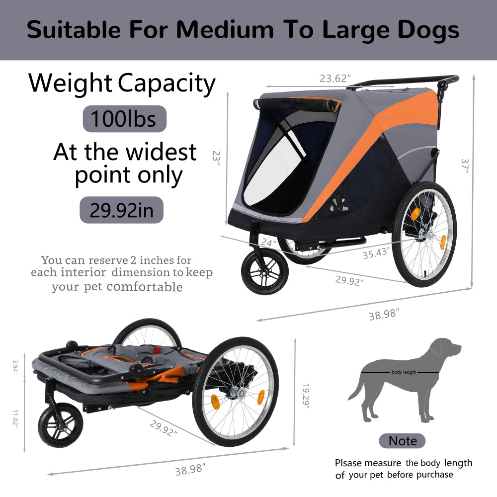 2-in-1 Bike Trailer & Push Cart for Pets - Detachable Bike Hitch & Push Handle Included - Quick Release Wheel, Internal Leash, Dual Cup Pockets and Underneath Storage Bag,  Holds Pets Up to 100 lbs