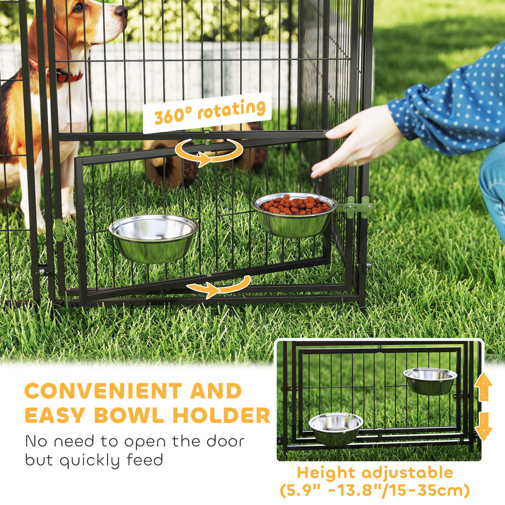 Large Outdoor Dog Kennel with Rotating & Adjustable Height Bowls, Waterproof & UV-Resistant Canopy, Coffee