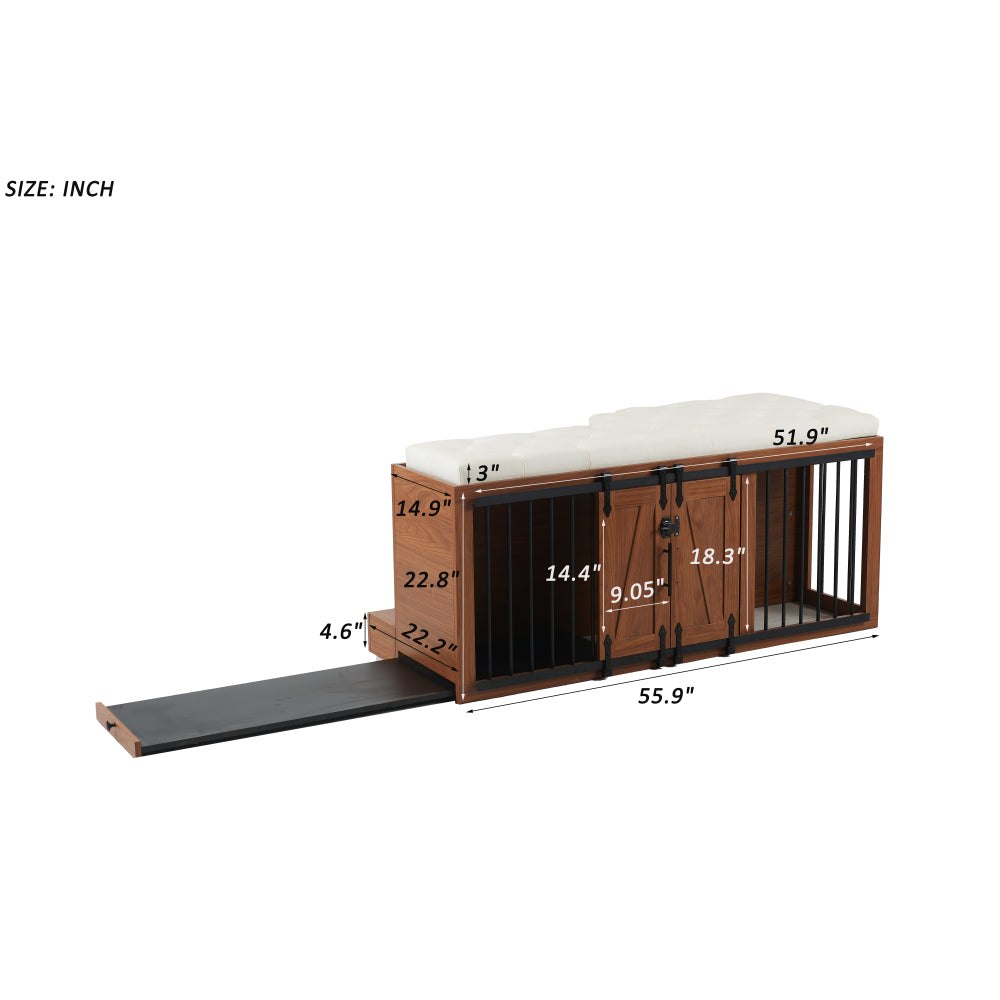 56"L, Furniture Style 2 in 1 Dog Crate with Padded Seat, Sliding Barn Door, Luxury Wooden Dog Kennel, End of Bed Bench Ottoman with Removable Cushion for Bedroom, Living Room, Walnut