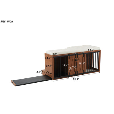 56"L, Furniture Style 2 in 1 Dog Crate with Padded Seat, Sliding Barn Door, Luxury Wooden Dog Kennel, End of Bed Bench Ottoman with Removable Cushion for Bedroom, Living Room, Walnut