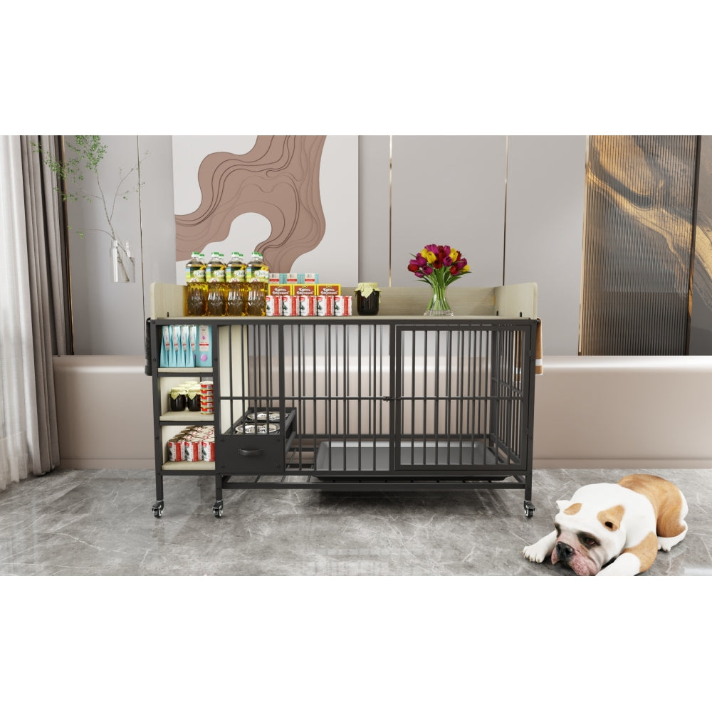 Large pet cage with storage rack, drawers with stainless steel food and water basin, made of iron frame and MDF material, sturdy, exquisite, and practical (black+beige)